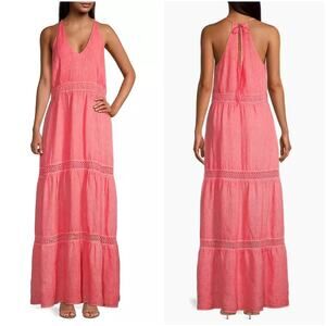 120% Lino Resort Linen Tiered Halter Maxi Dress Crochet Sleeveless, Coral Pink